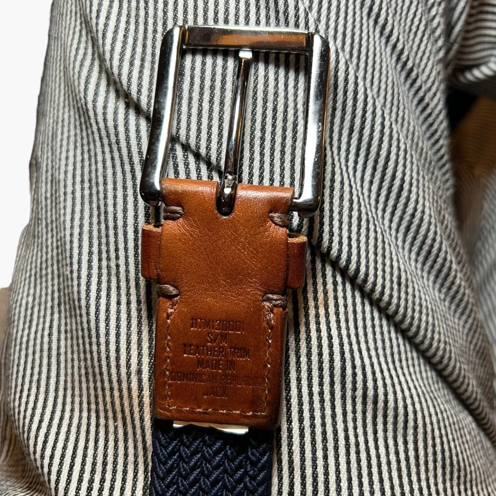 Tommy‎ Bahama Mens S/M Belt Braided Elastic Leather Trim Silver Buckle Navy Blue